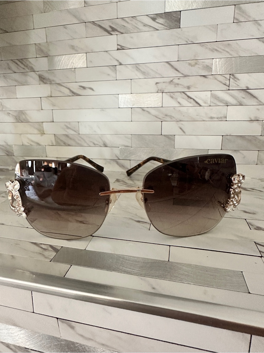 Caviar Women’s Brown Gradient Crystal-Embellished Rimless Sunglasses